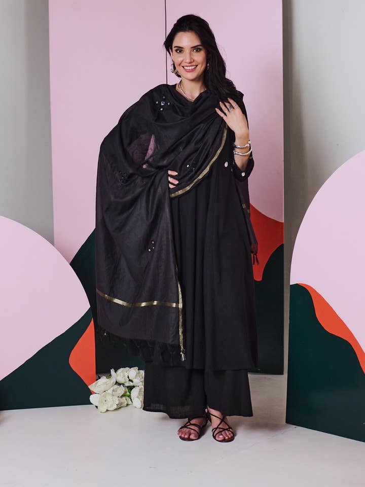 House of Amaya – wholesale Top & pants set (NOT Loungewear) – Women's – Ajuni Black Mirror Embroidered Kurta, Palazzo with Chanderi Dupatta (Set of 3)5