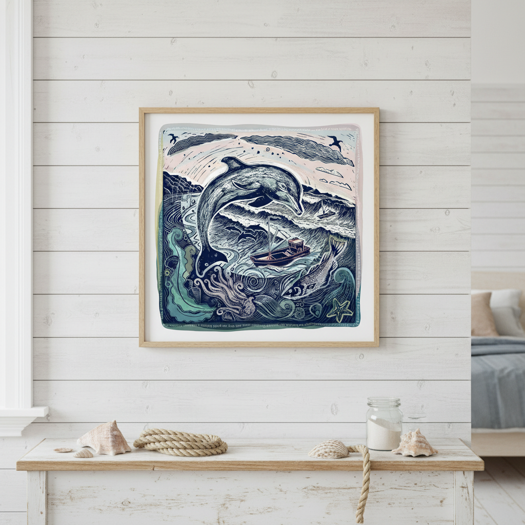 Jamie Poole – wholesale Art print – Chasing Fish! (Dolphin) Limited Lino Print2