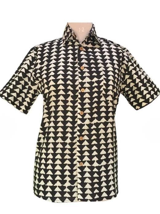 Men's Button Down Shirt—Black & White Triangle Dabu Print for wholesale by Curiosity