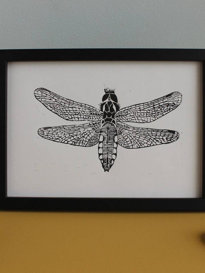 Female Broad Bodied Chaser Dragonfly original Linocut insect for wholesale by Jackdaw and Bear