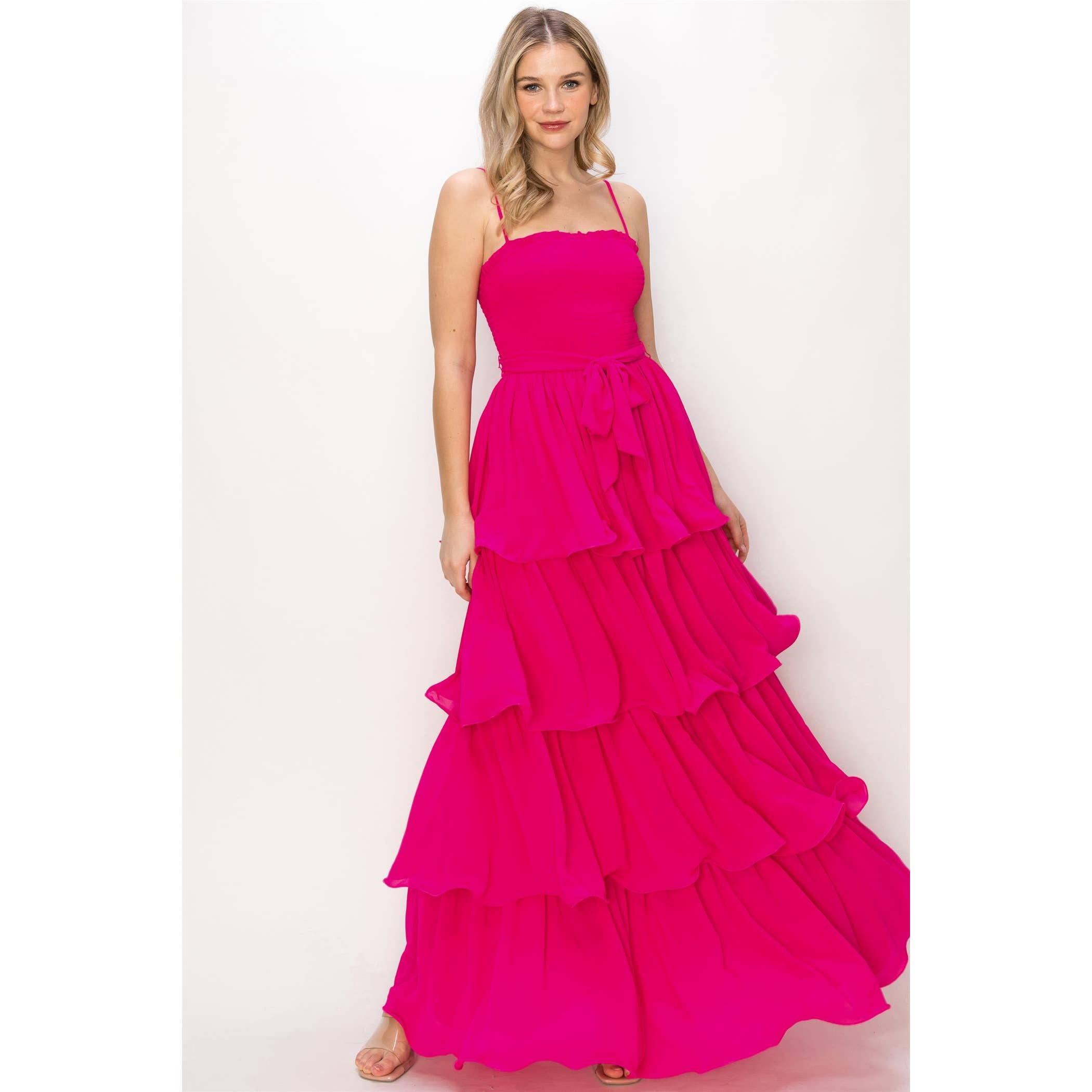 Wholesale Plus Size Coral-Pink V-Neck Front Slip Layered Flare Hem Maxi  Mermaid Dress