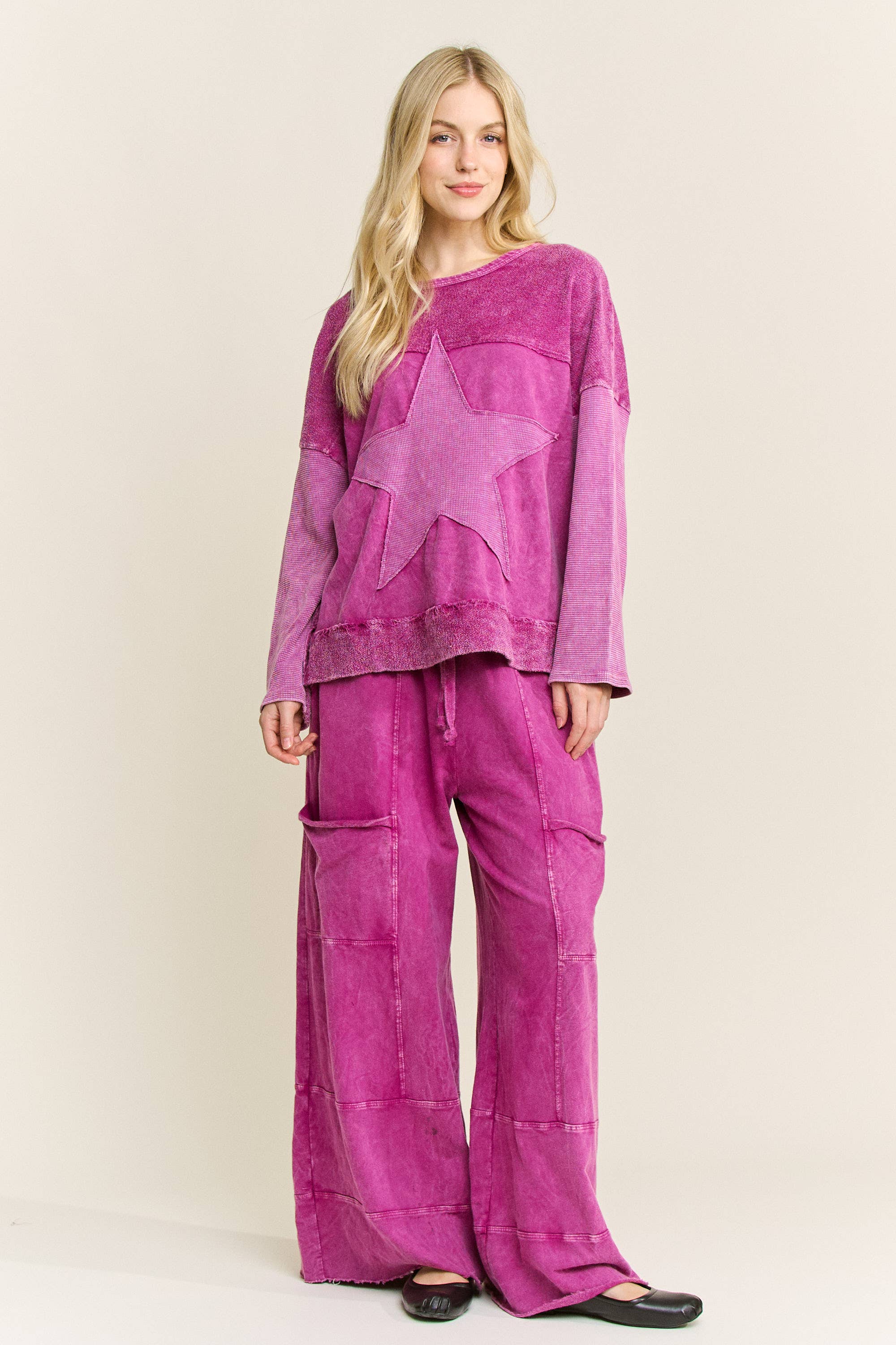 J.Her - Wholesale Sweatshirt - Women's - MineralWashed Star Terry Thermal Sweatshirt top HT66474