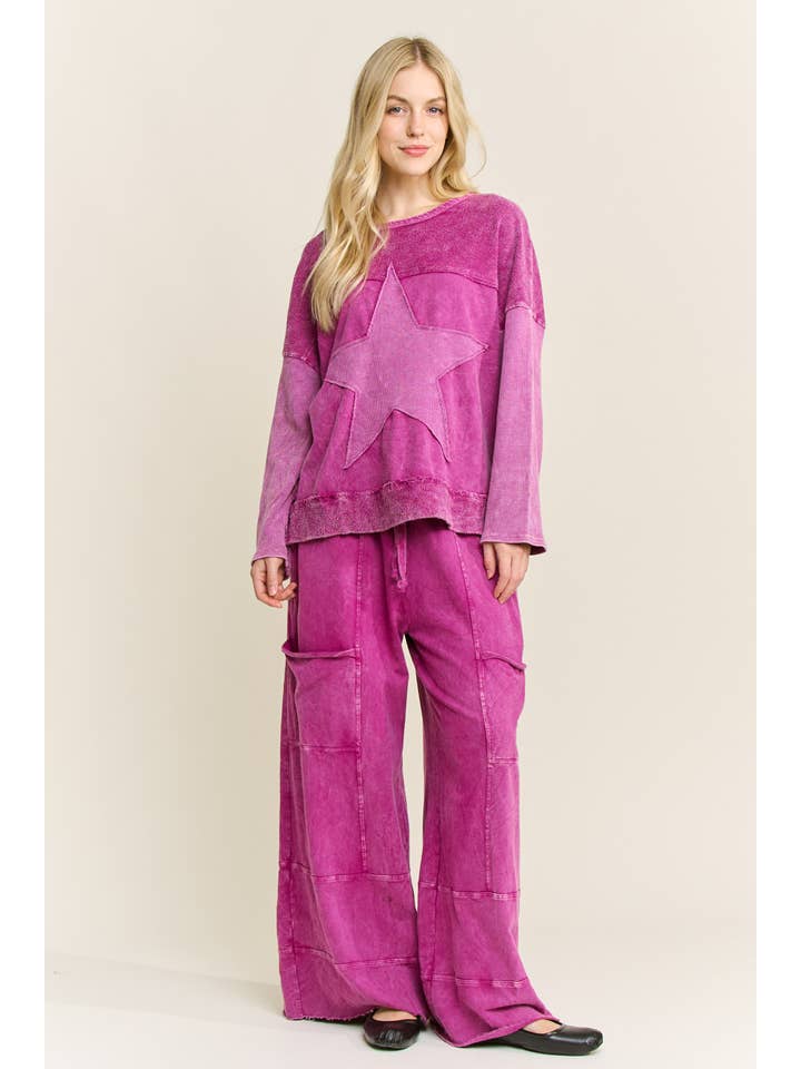 J.Her - Wholesale Sweatshirt - Women's - MineralWashed Star Terry Thermal Sweatshirt top HT66474