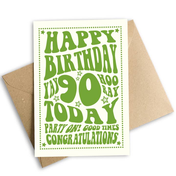 Carte d'anniversaire 90 ans avec inscription Happy Birthday 90 Today pour la vente par Cloud Cuckoo Design