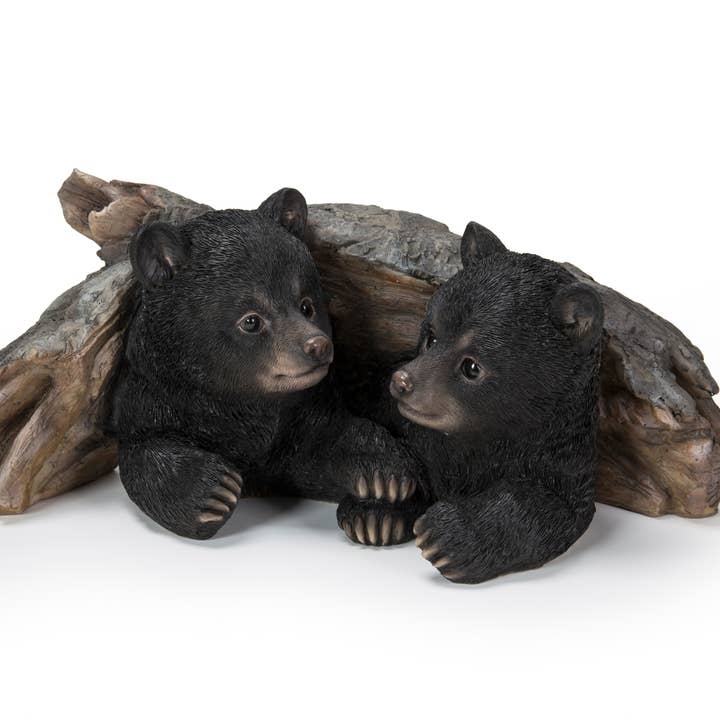 Hi-Line Gift Ltd. - Wholesale Outdoor Ornament/Decor - Black Bear Cubs Hiding Under Log Statue