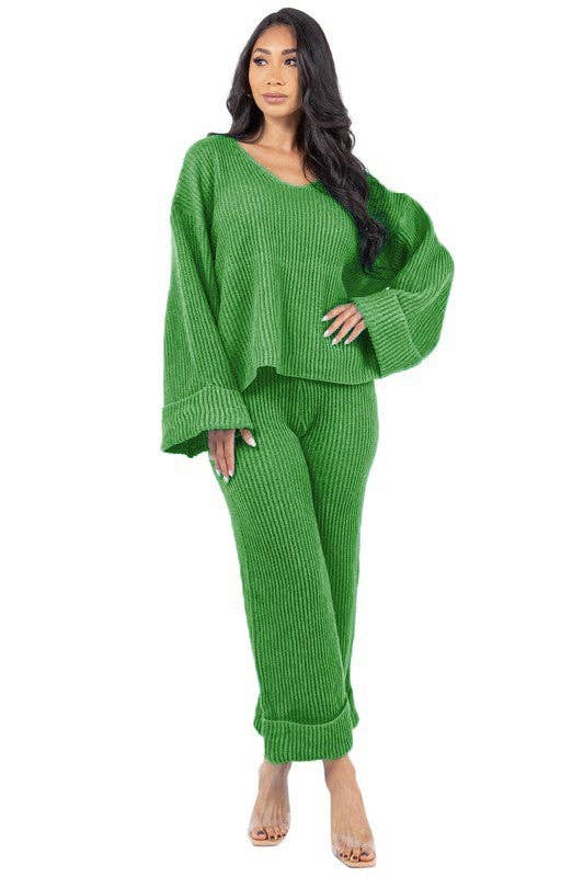 Green WOMEN FASHION 2PCS SWEATER PANTS SET for wholesale on Faire0