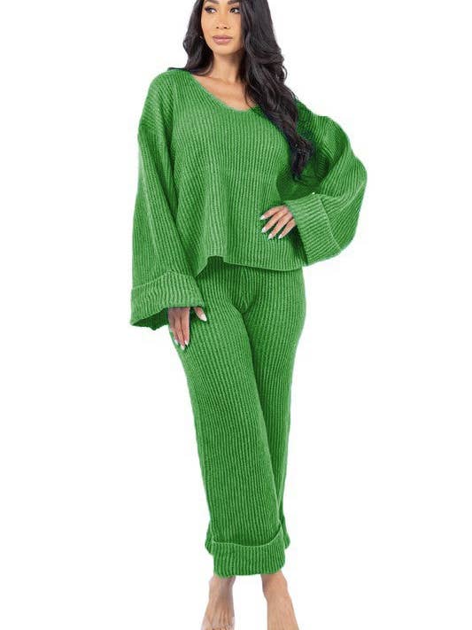 Green WOMEN FASHION 2PCS SWEATER PANTS SET for wholesale on Faire
