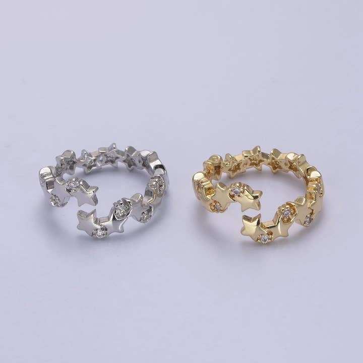 24K Gold Filled Star Link Chain Open Ring, Celestial Statement Ring with Crystal Zirconia CZ in Gold & Silver S-323 S-324 for wholesale by Aim Eternal