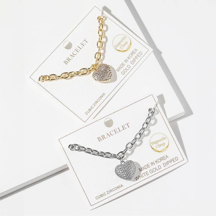 Goud Gedompelde CZ Steen Bezaaide Opgeblazen Hart Bedel Magnetische Ketting Armband voor wholesale door Sensibling Corp.