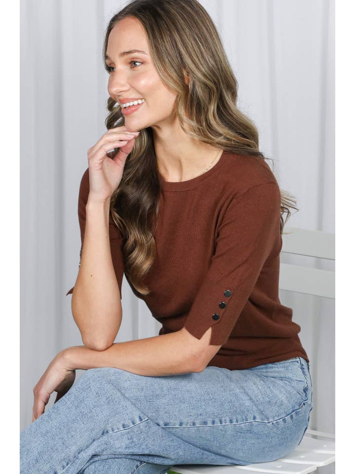 Vine & Love - Wholesale Knit Sweater - Women's - Crew Neck Short-Sleeve Button Detail Sweater Top VT81653-8