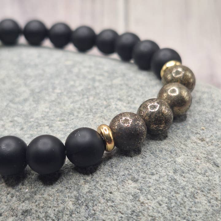 Striking Pyrite & Black Agate Bracelet – Bold, Dark for wholesale by Harper House Studio