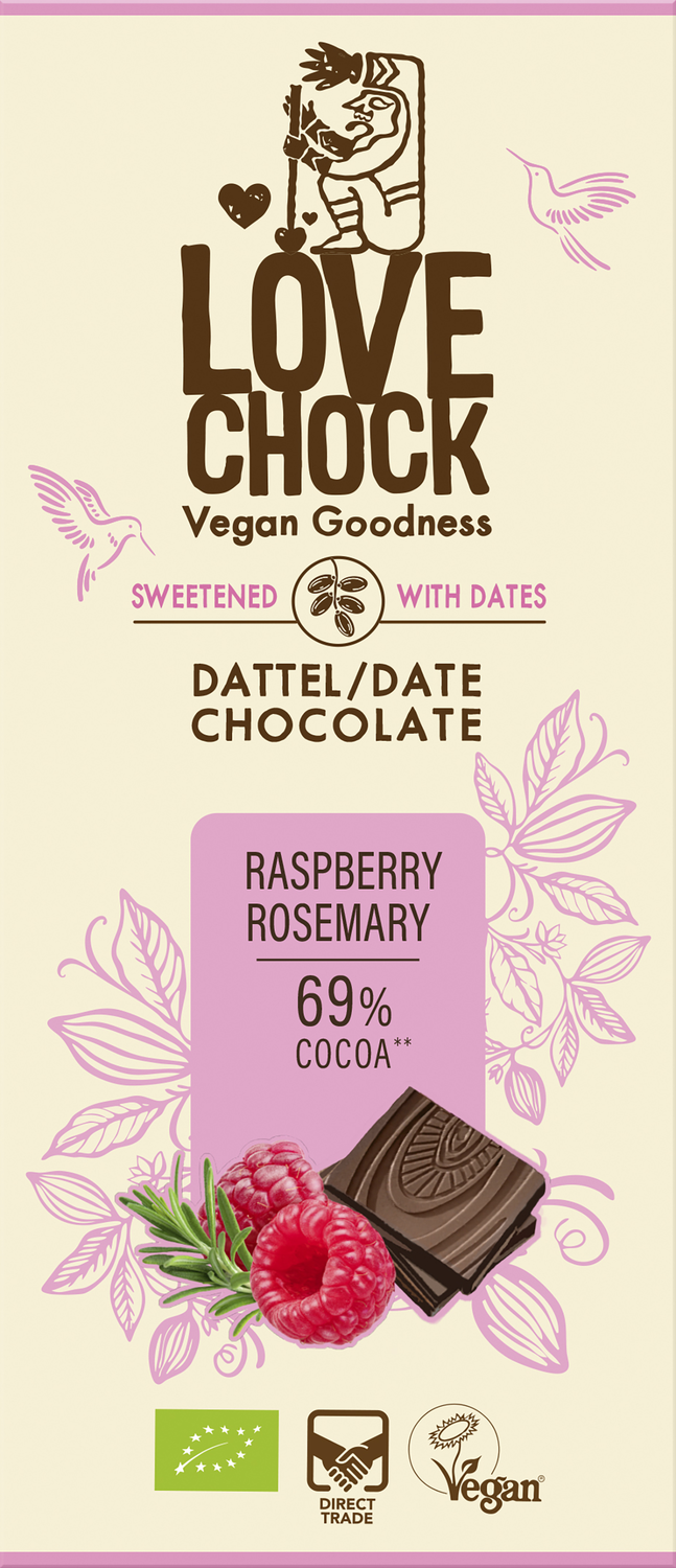 Lovechock NL - Wholesale Chocolate Bar - Chocolate sweetened with dates raspberry rosemary - organic, vegan1