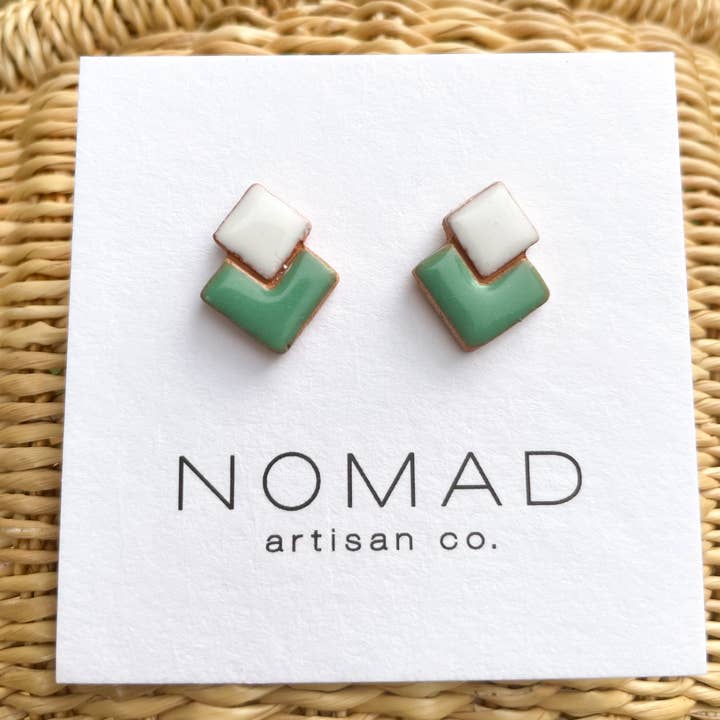 Double Square Green Ceramic Stud Earring for wholesale by Nomad Artisan Company