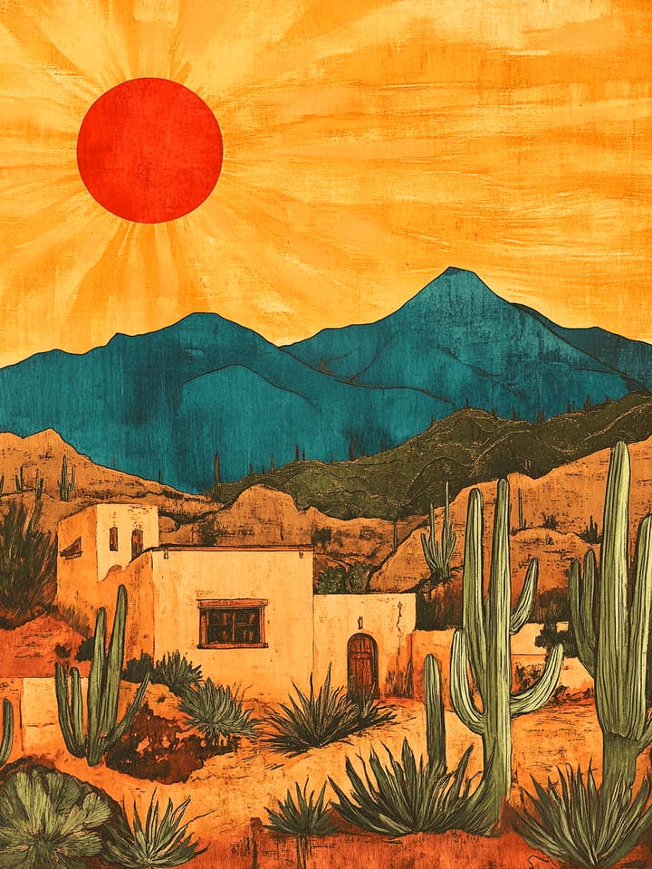 Tirages d'art mural vintage Arizona Sunrise - Décoration d'intérieur de l'ouest et du sud-ouest — Œuvre d'art de 8 x 10 pouces — 11 pouces x 14 pouces mats pour la vente par Mowbi