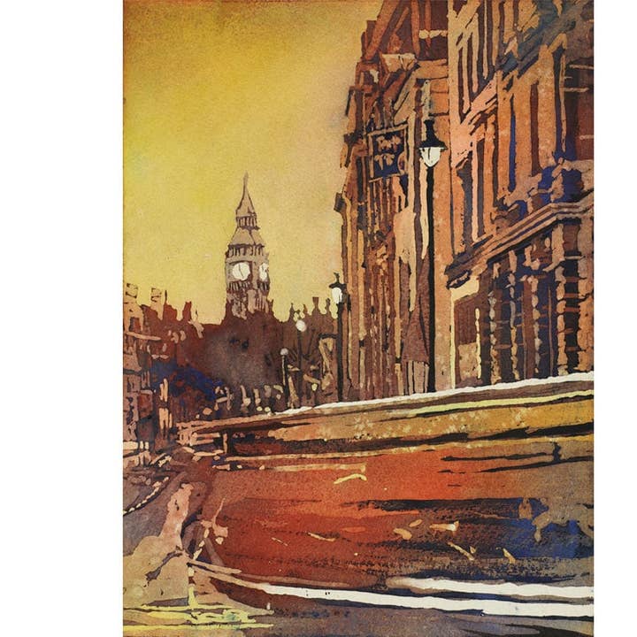 Pittura ad acquerello di belle arti di Londra, Inghilterra. Pittura del Big Ben, acquerello, pittura giclée, stampa artistica di Londra, decorazioni per la casa, Londra (stampa) per la vendita all'ingrosso da parte di Ryan Fox Fine Art