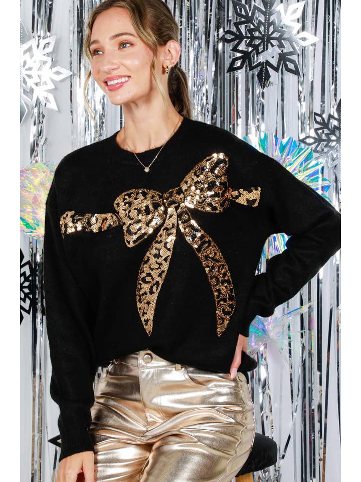 Vine & Love - Wholesale Knit Sweater - Women's - Leopard Sequin Bow Design Crew Neck Knitted Sweater VT82024