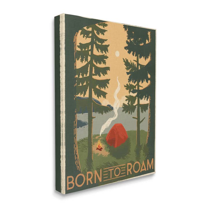 Born to Roam Phrase Rustic Forest Camping Tent Canvas for wholesale by Stupell Industries