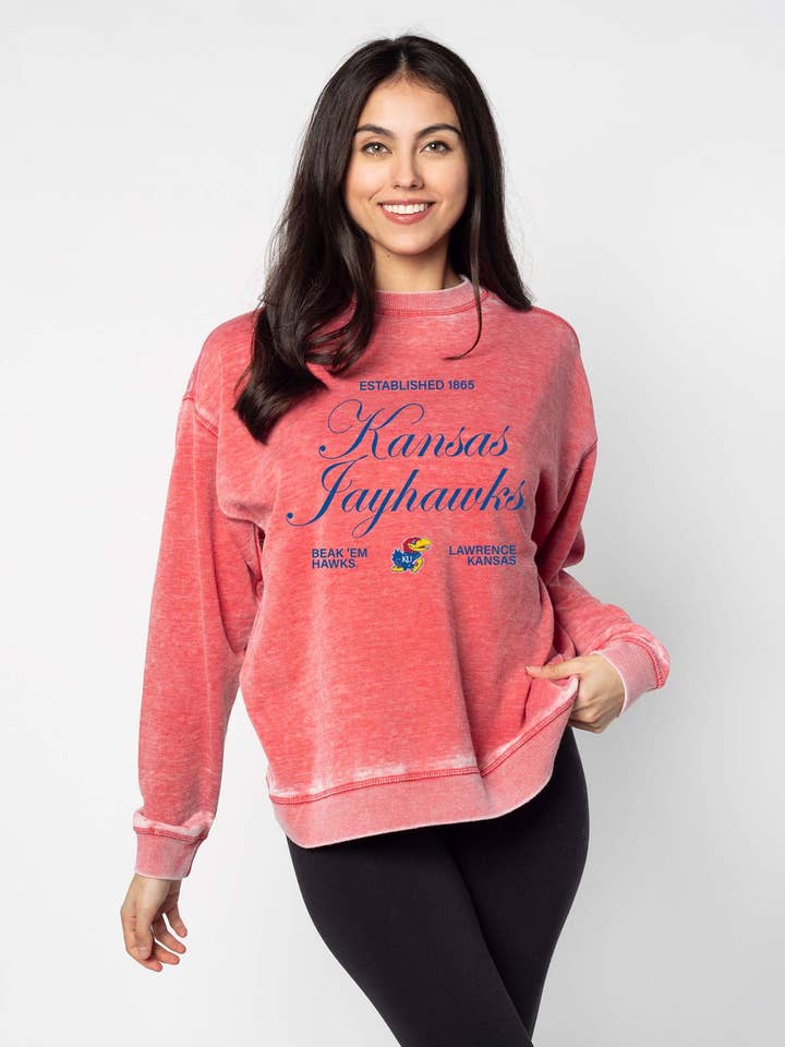 Sweat-shirt ras du cou Signature Burnout des Kansas Jayhawks pour la vente par chicka-d