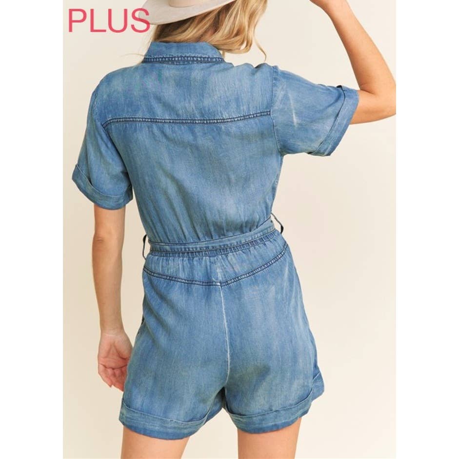 M.DENIM 9377X Plus Size Vasket Tencel Denim Krave Knap-Op Romper for engroshandel på Faire5