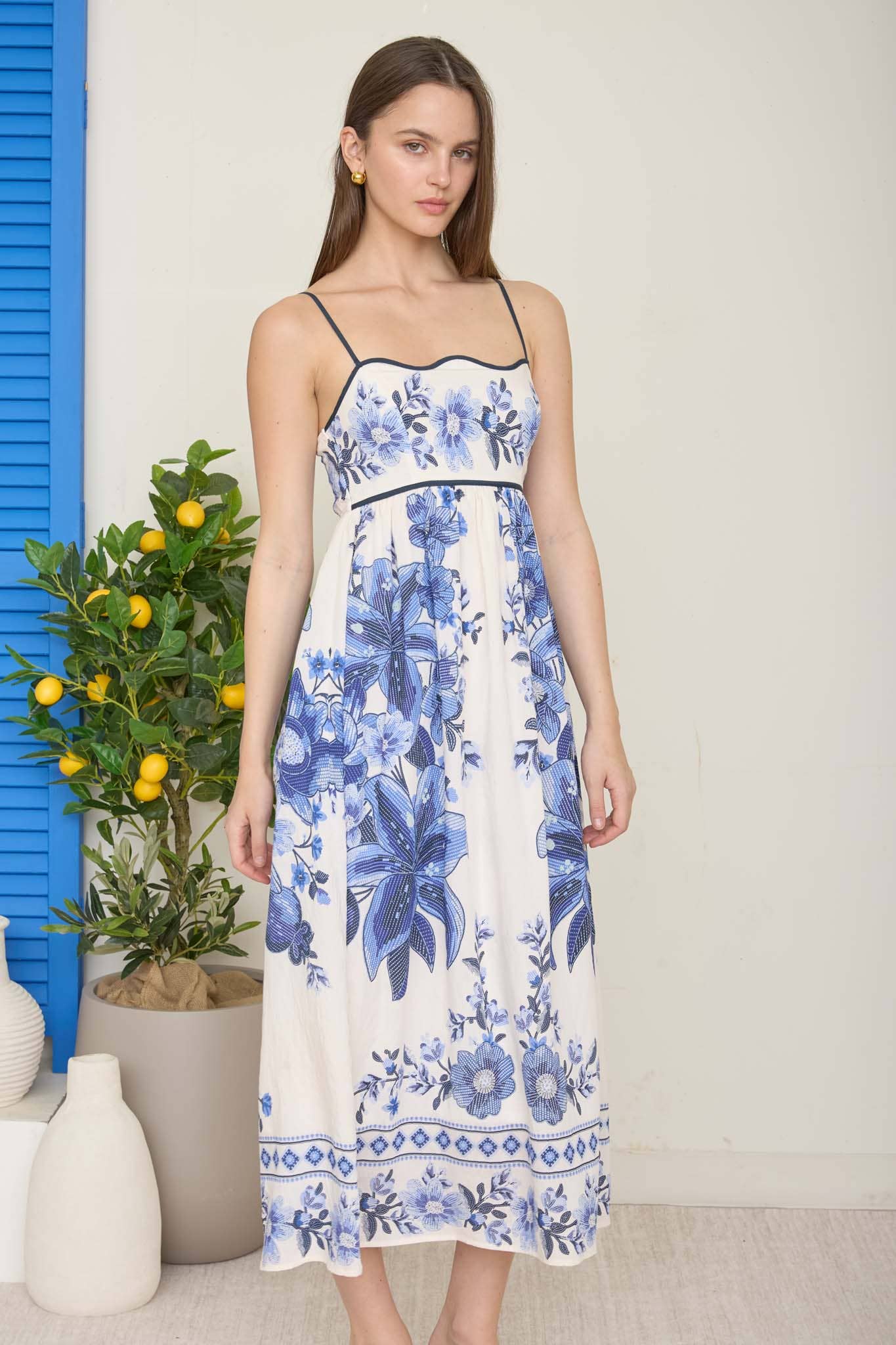 Blu Pepper - Wholesale Dress - Women's - POSITANO FLORAL PATTERN SPAGHETTI STRAP MIDI DRESS2