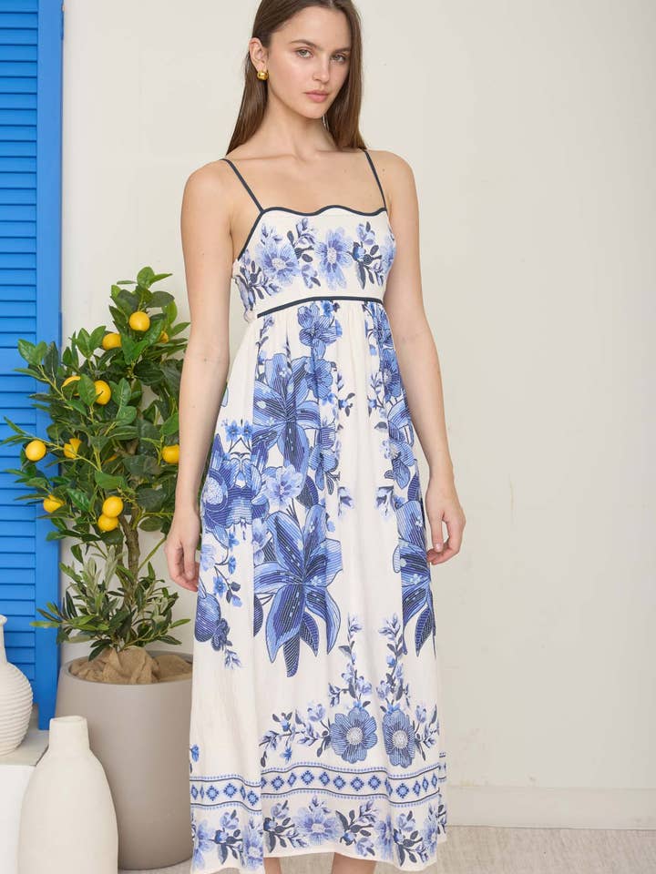 Blu Pepper - Wholesale Dress - Women's - POSITANO FLORAL PATTERN SPAGHETTI STRAP MIDI DRESS2