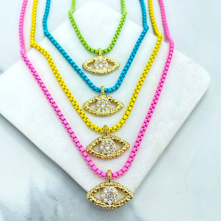 18k Gold Filled Colorful Enamel Box Chain Evil Eye Necklace for wholesale by DIJU Jewelry