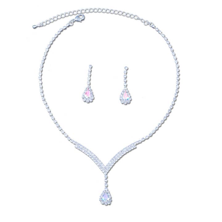 Silver Crystal Rhinestone V Neck Necklace & Earrings Set for wholesale by Cool Crystals