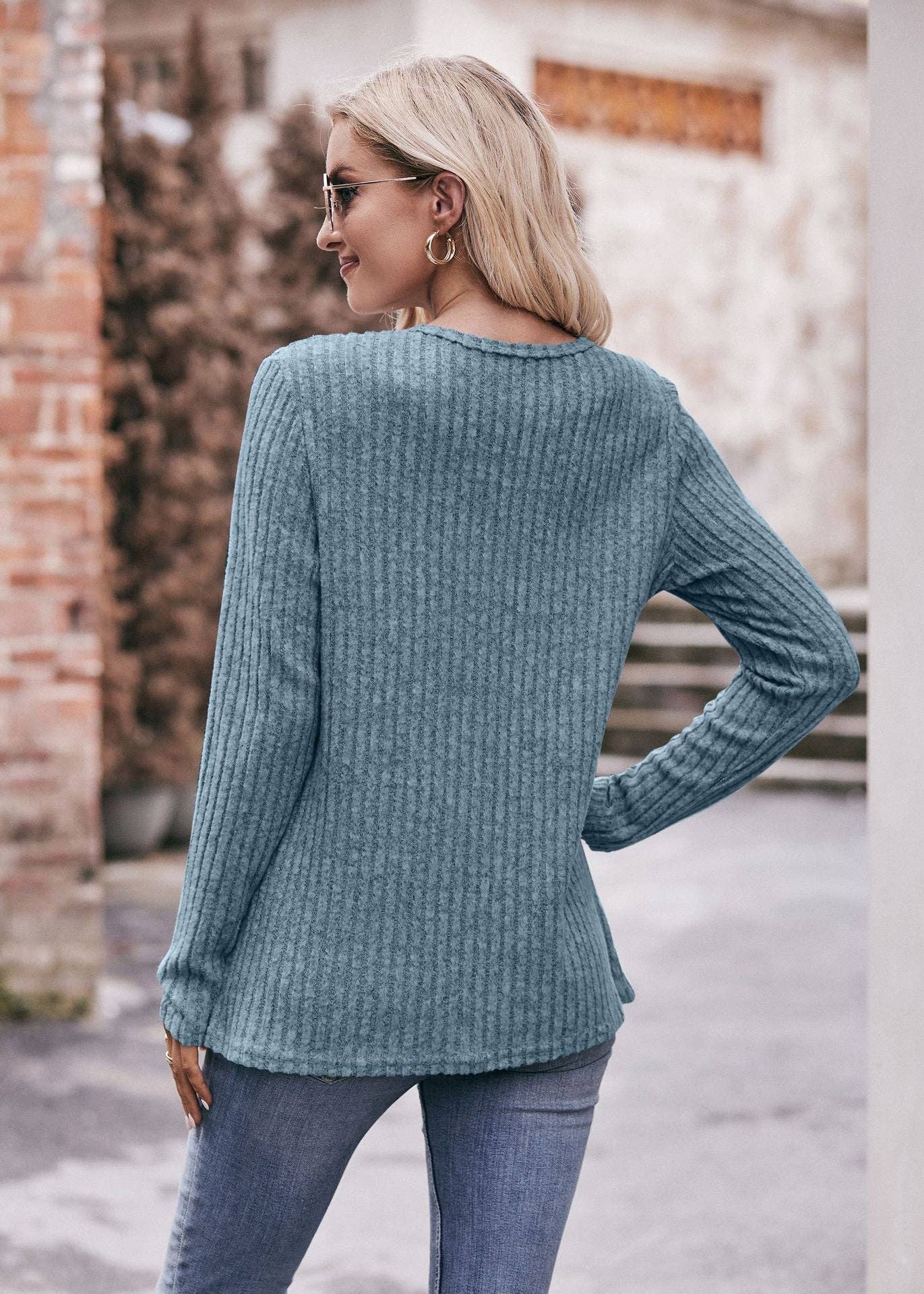 Lovesoft - Wholesale Knit Top - Women's - Round Neck Pit Strip Polished Tulip Hem Solid Color Button T-shirt13