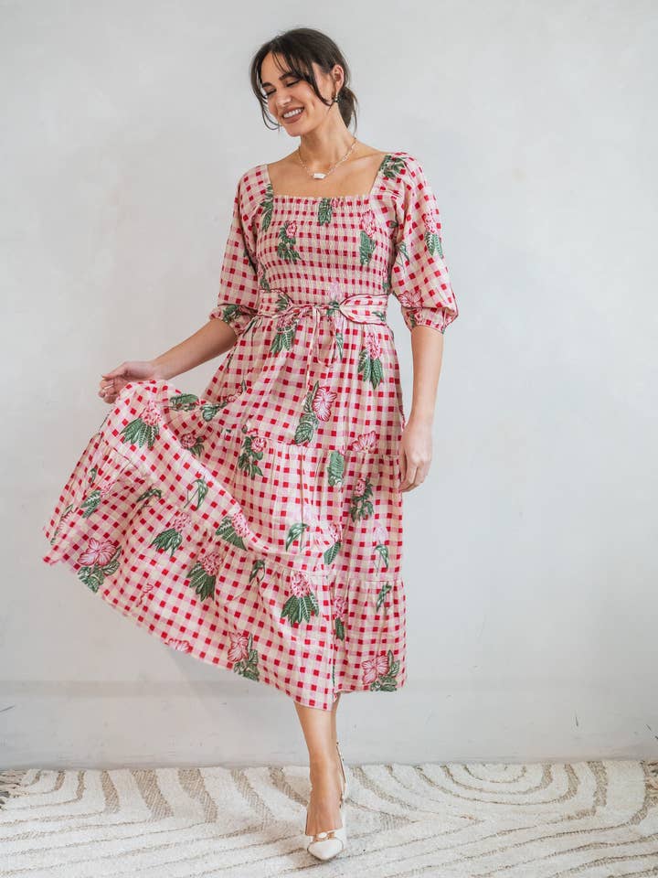 'HONOUR' DRESS IN GINGHAM FLOWER PINK for wholesale by New Day Originals