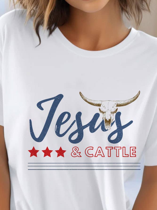 Jesus & Cattle Bull Skull, Christian, Western, T-shirt unisex a collo tondo per la vendita all'ingrosso da parte di Top Avenue