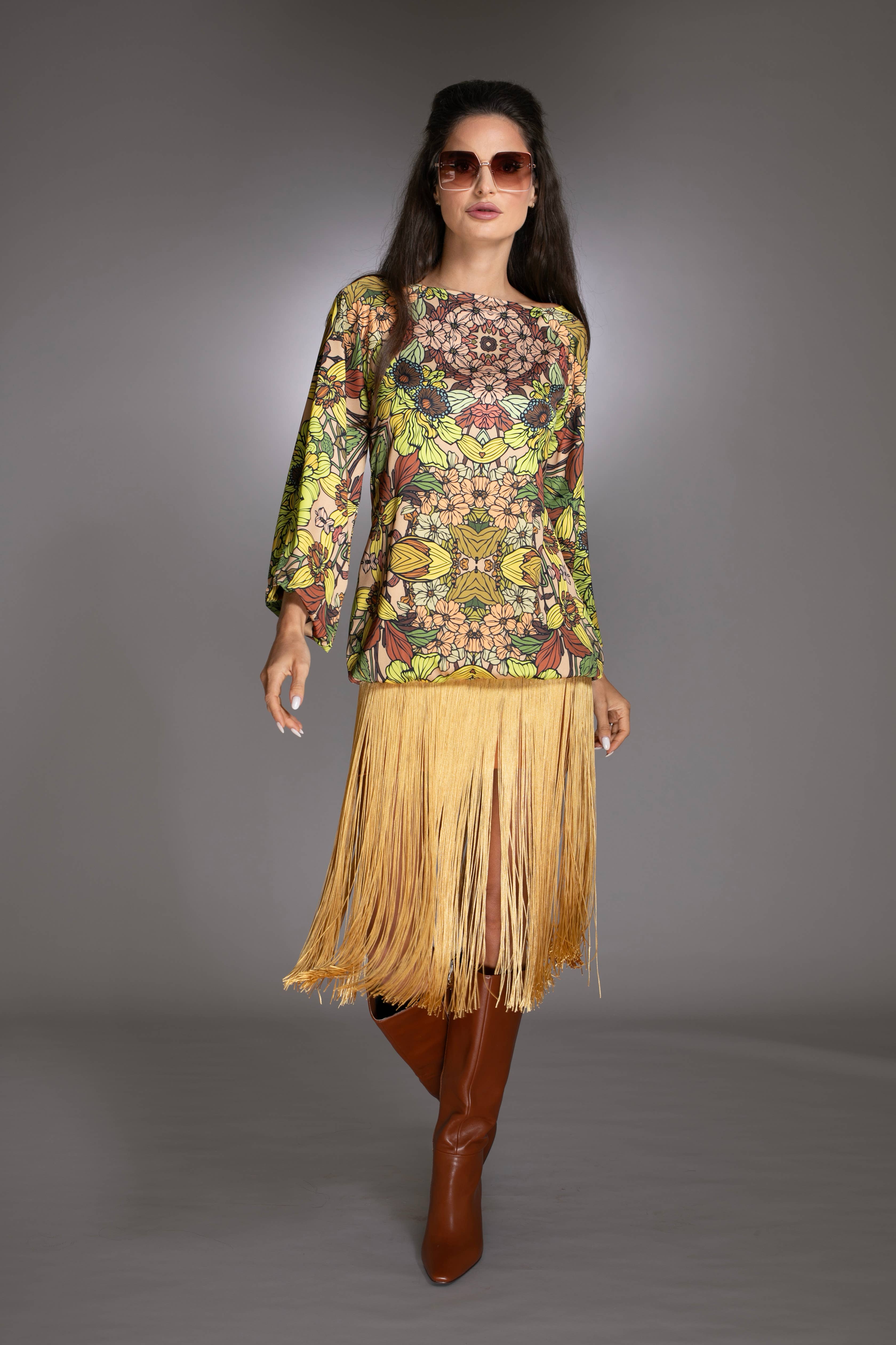 Nuvula - Wholesale Dress – Women's - Golden Floral Print Fringe Dress