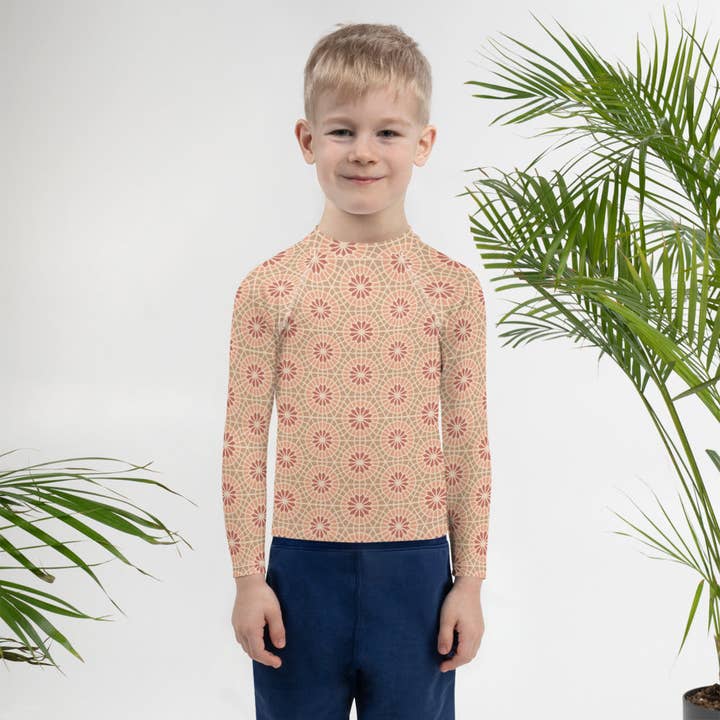 Rash Guard voor kinderen, 2 tot 7 jaar, Geometric Star 2, cacao en crème voor wholesale door The Shamal
