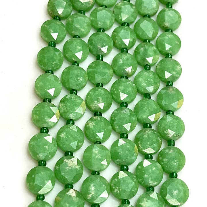 10mm Opaque Green Quartz Gemstone Faceted Coin Beads Strand for wholesale by TRIVENI USA INC