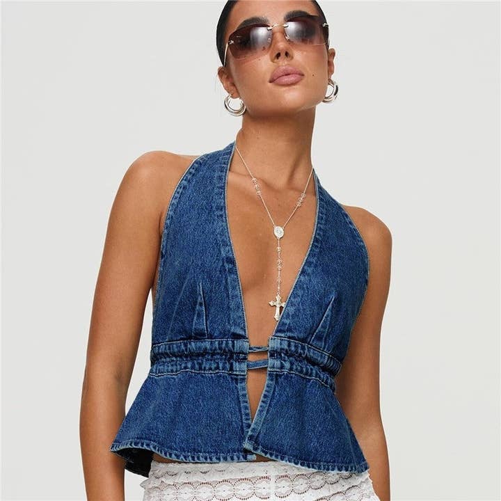 Plush Looks - Wholesale Blouse - Women's - Denim Sleeveless Backless Halter Tie Top