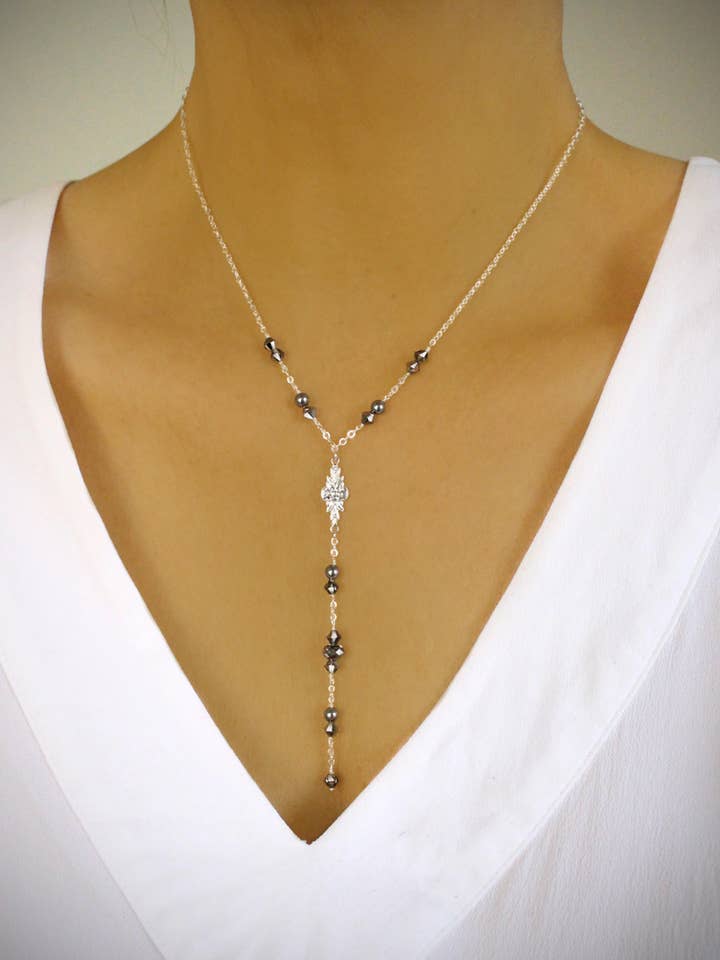 Collar en Y chapado en rodio con cristales Black Diamond para venta al por mayor de DIGE DESIGNS