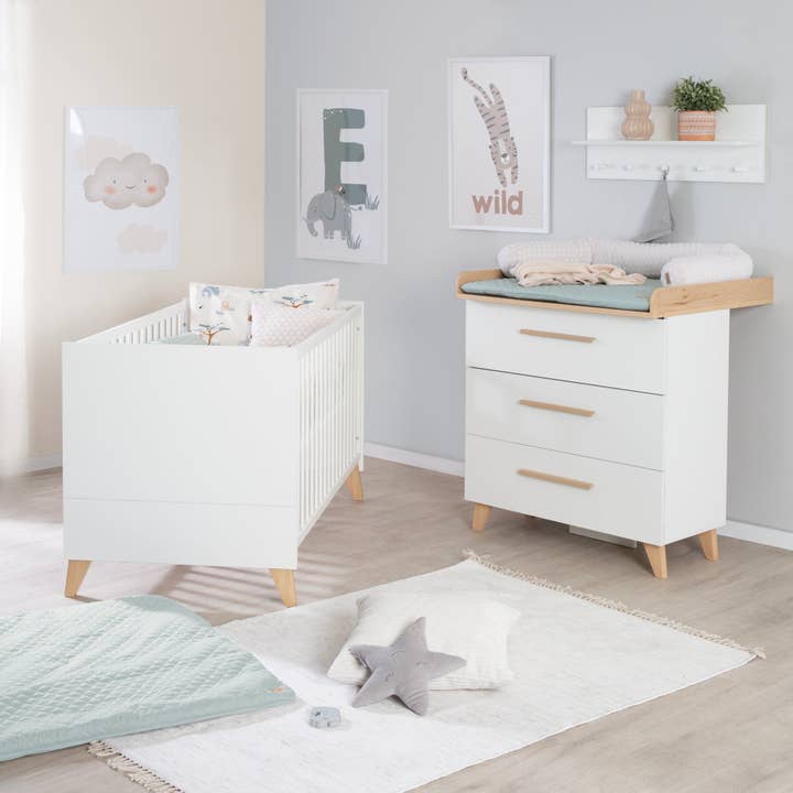 Furniture set 'Leon' 2-piece - Combo bed 70x140 cm & changing table - White / Othello Oak for wholesale by roba kids
