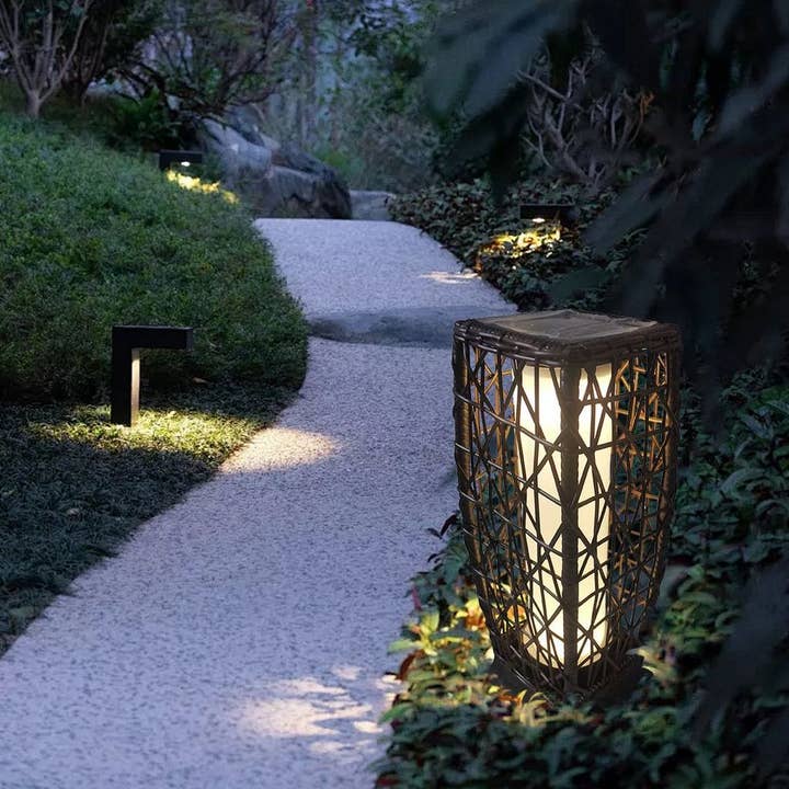 BROWN Outdoor 19" Solar Powered Lantern With Rattan Weaving-Floor Lamp for wholesale on Faire