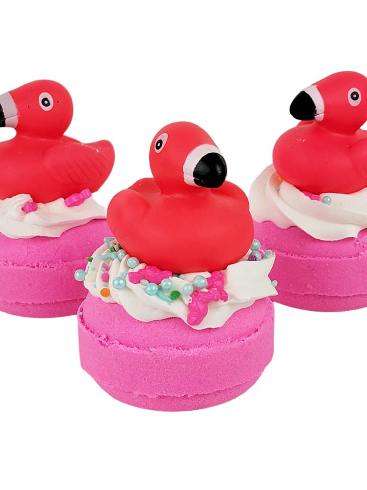 Pink Flamingo Rubber Ducky Donut Bath Bomb for wholesale by Indulgence Bath Bakery