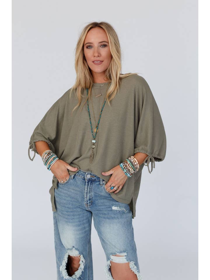 Three Bird Nest - Wholesale Knit Top - Women's - Little Lark Puff Sleeve Tee - Olive