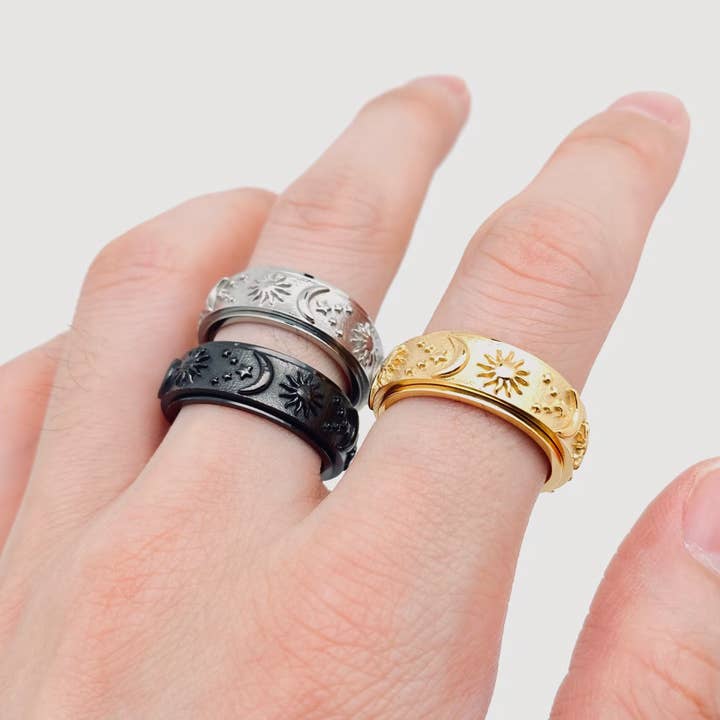 Mio Queena - Wholesale Cocktail/Statement Ring - Star Moon Sun Stainless Steel Rotatable Rings - FGS/MS5