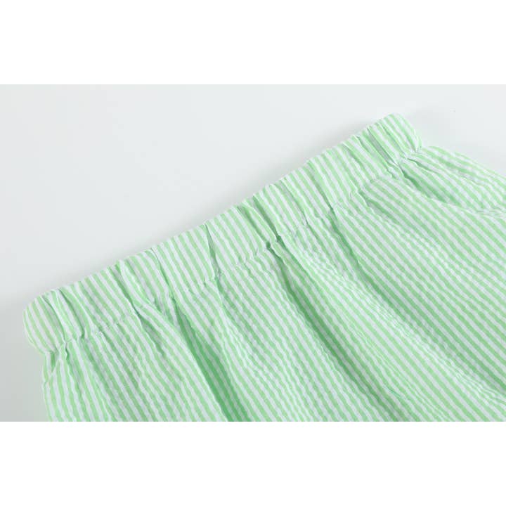 Lil Cactus - Wholesale Clothing Set - Baby - Green & White Stripe Watermelon Smocked Angel-Sleeve Dress & Bloomers