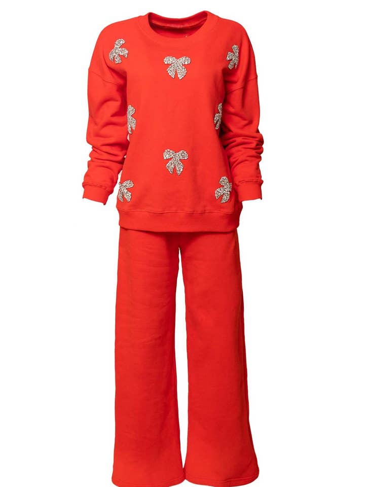 Red Christmas Sequin Bow Sweatshirt And Pants Set for wholesale on Faire