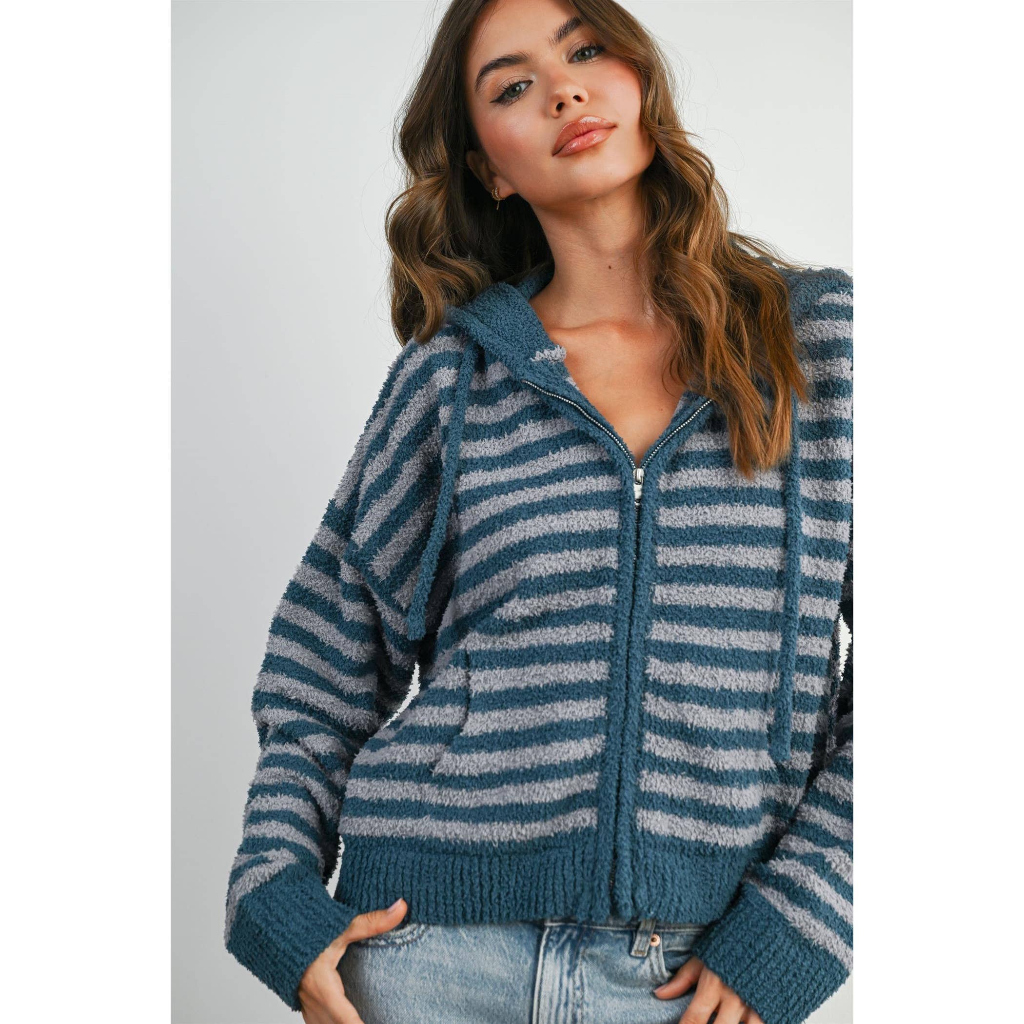 BUTTERMELON - Wholesale Knit Sweater - Women's - Striped Zip-Up Hooded Cardigan - BMC80973