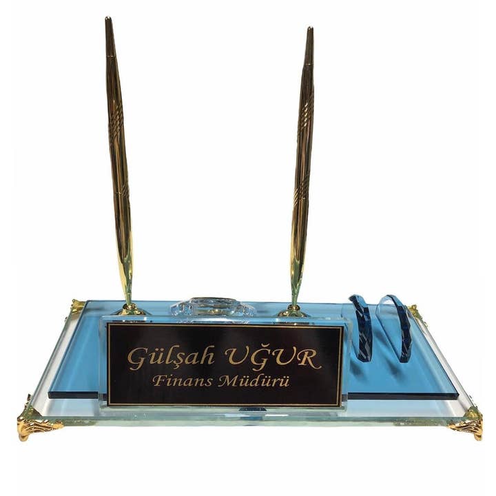 Plaque signalétique de bureau en verre bleu MOOG avec horloge pour la vente par MOOG LLC