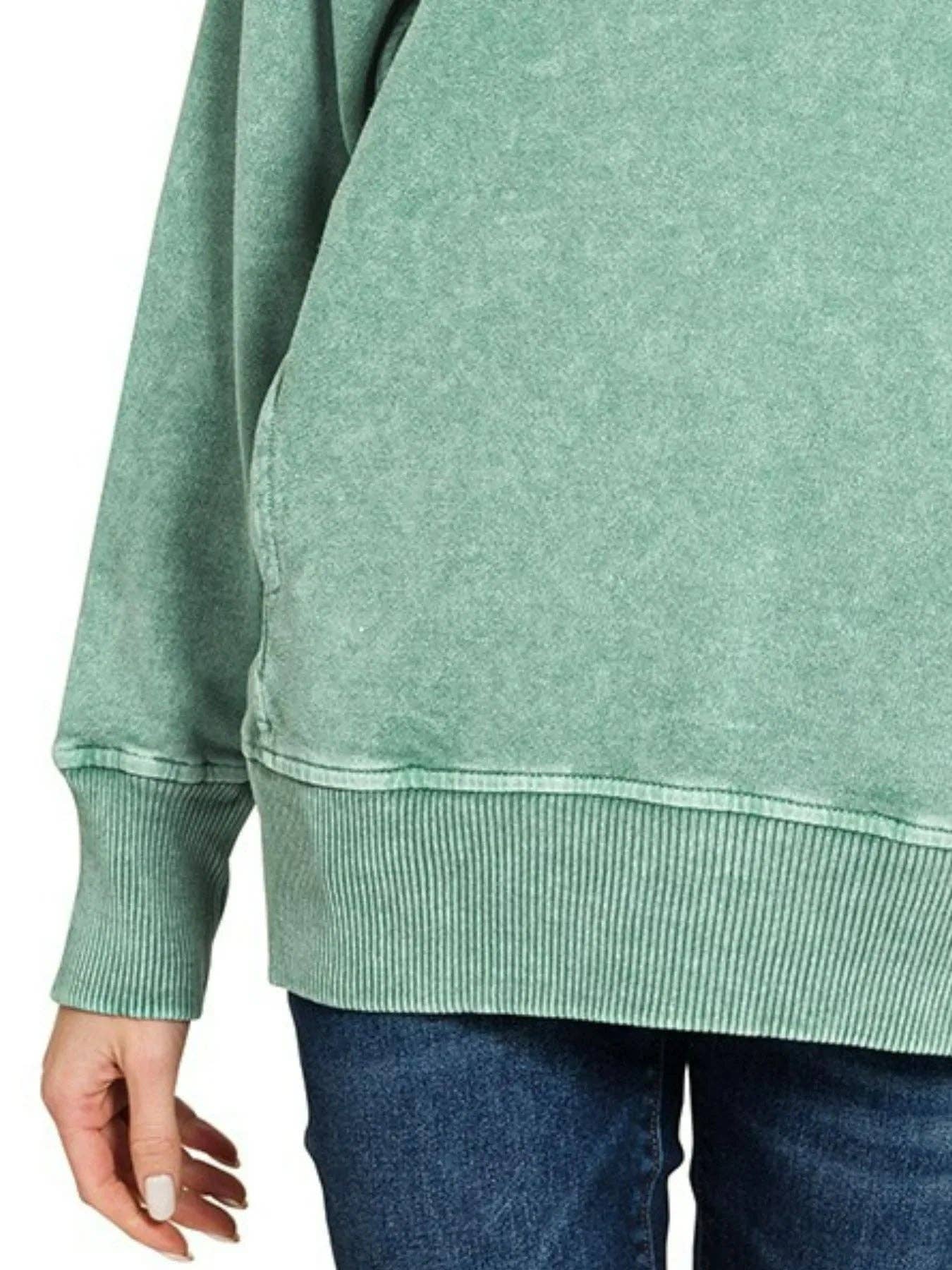 DK GREEN Zenana Halo Snow Washed French Terry Round Neck Sweatshirt for wholesale on Faire2