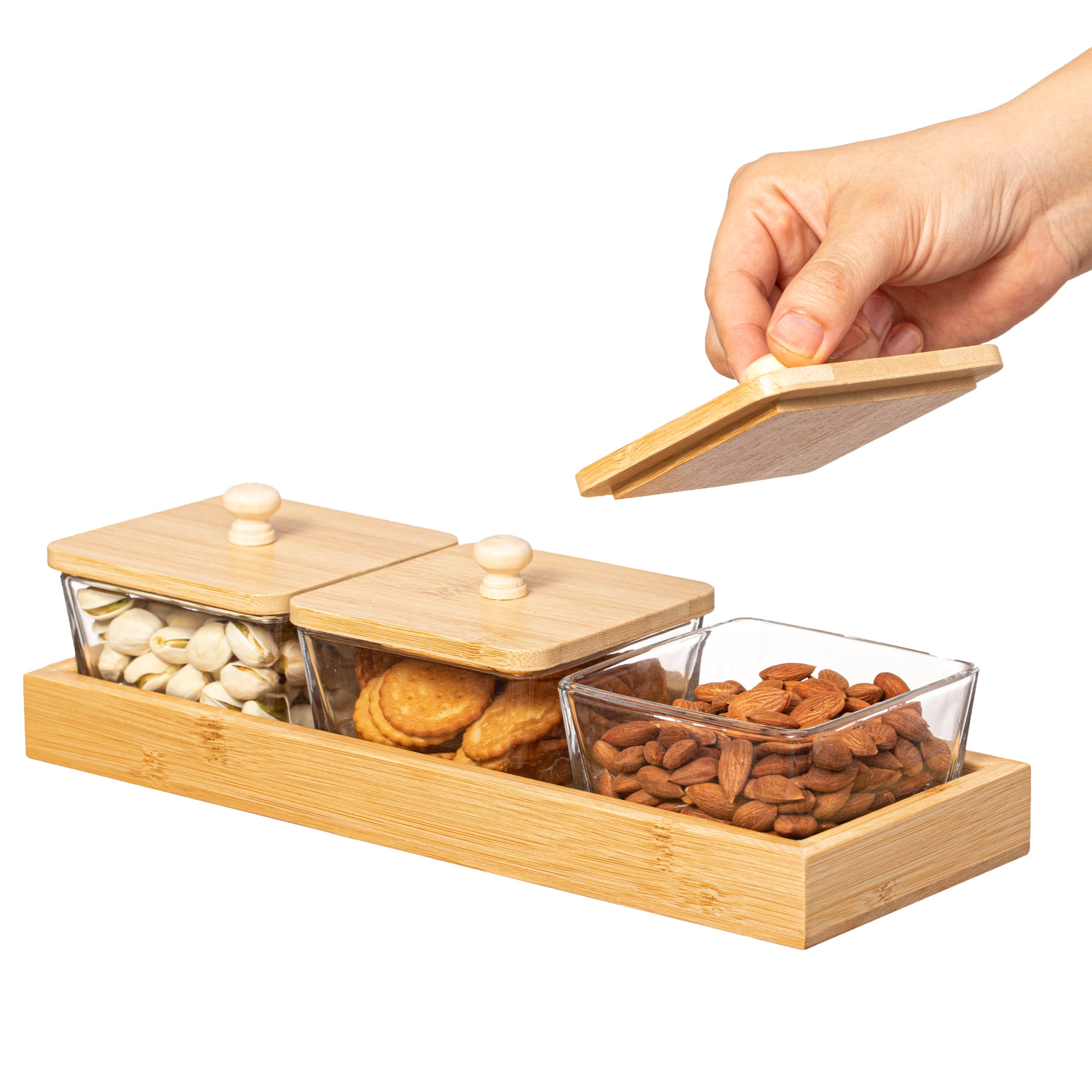 Quickway Imports - Wholesale Kitchen Storage/Organizer - Basicwise Glass Jars with Bamboo Lids and Wooden Tray7