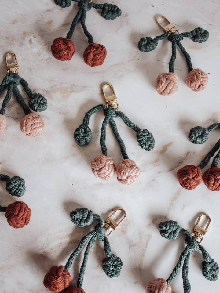 Macrame Cherry Keychain / Bag Charm for wholesale by Modern Bo Studio