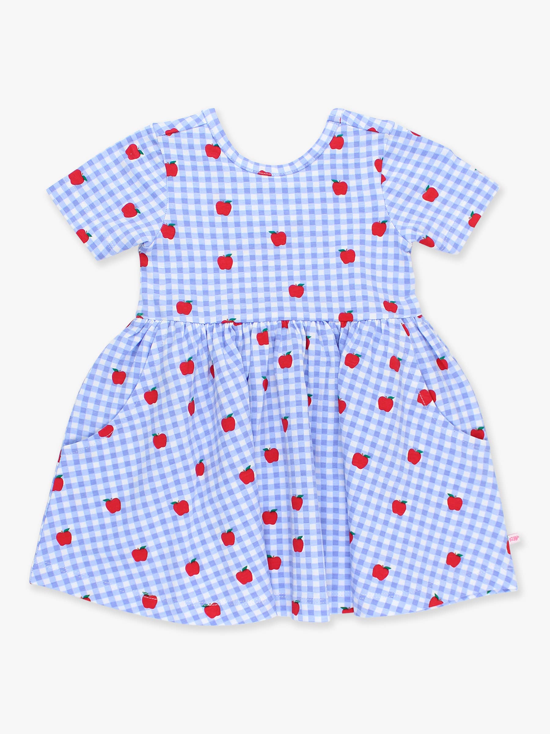 Blue Girls Apple Orchard Gingham Short Sleeve Knit Twirl Dress for wholesale on Faire7