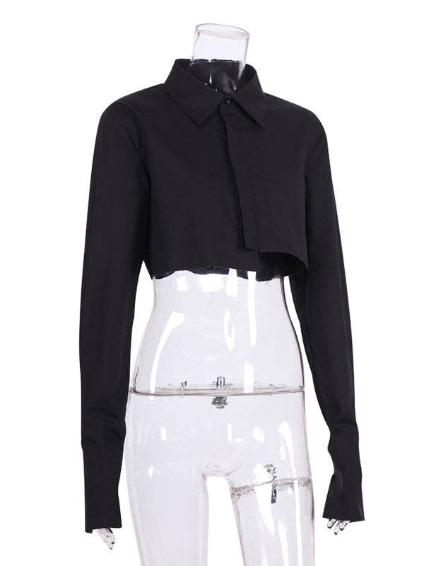 VividLux - Wholesale Button Down Shirt - Women's - Cropped Long Sleeves Asymmetric Fringed Pockets Solid Color Blouses&shirts Tops4