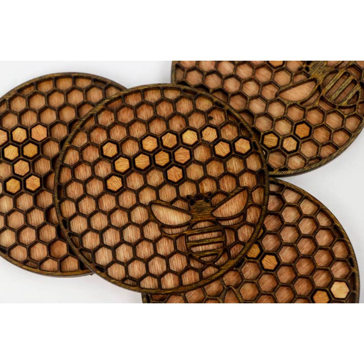 Bee & Honeycomb Wooden Coaster Set for wholesale by Oh, Hello Paper & Gifts